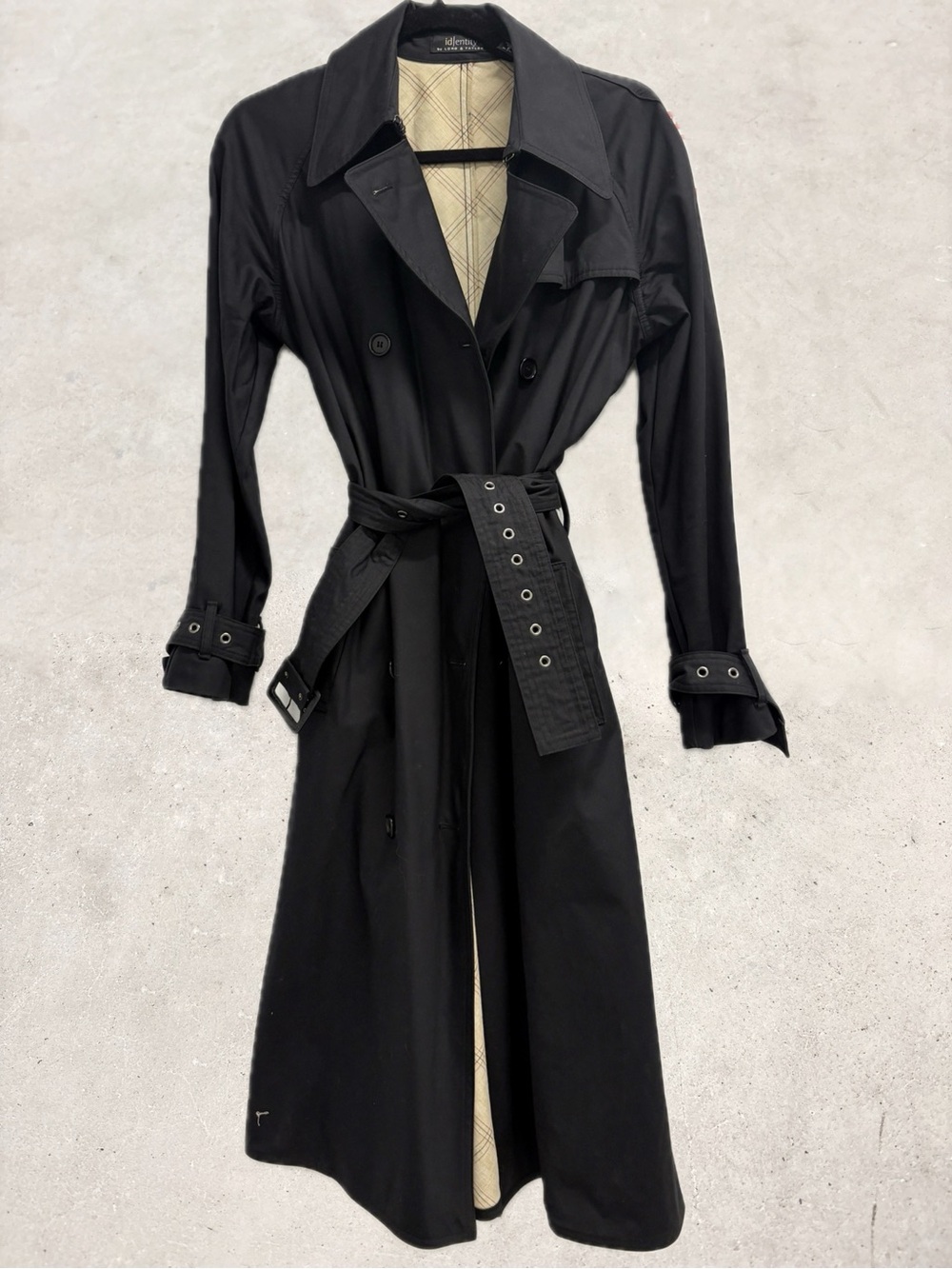 Lord & Taylor Black Waxed Cotton Trench Coat with  Grommet Belt and Cuffs